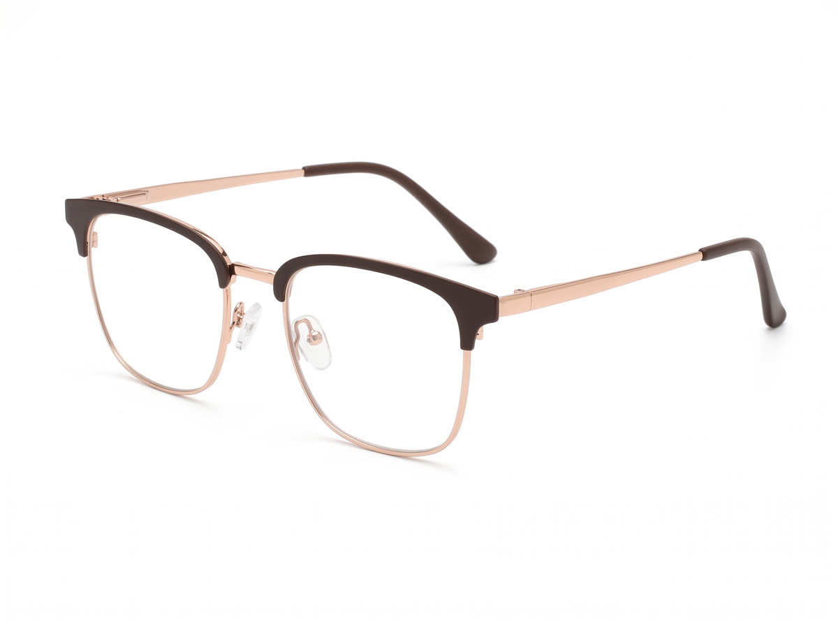 Women's Browline Half-Rim Metal Frame — Rose + Matte Brown — Eyeglasses in Rose + Matte Brown