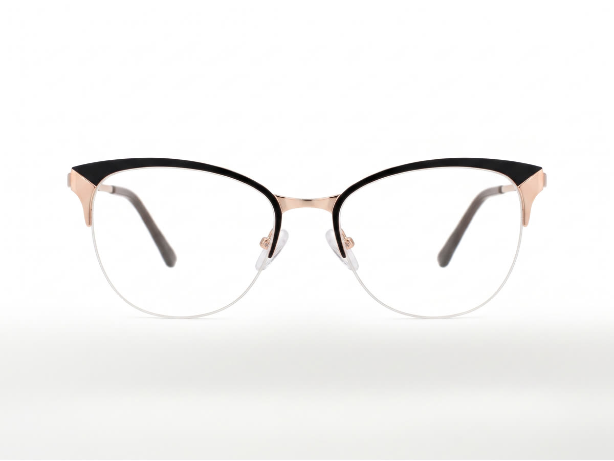 Women's Browline Half-Rim Metal Frame — Jet Black + Rose Gold — Eyeglasses in Jet Black + Rose Gold, Metal