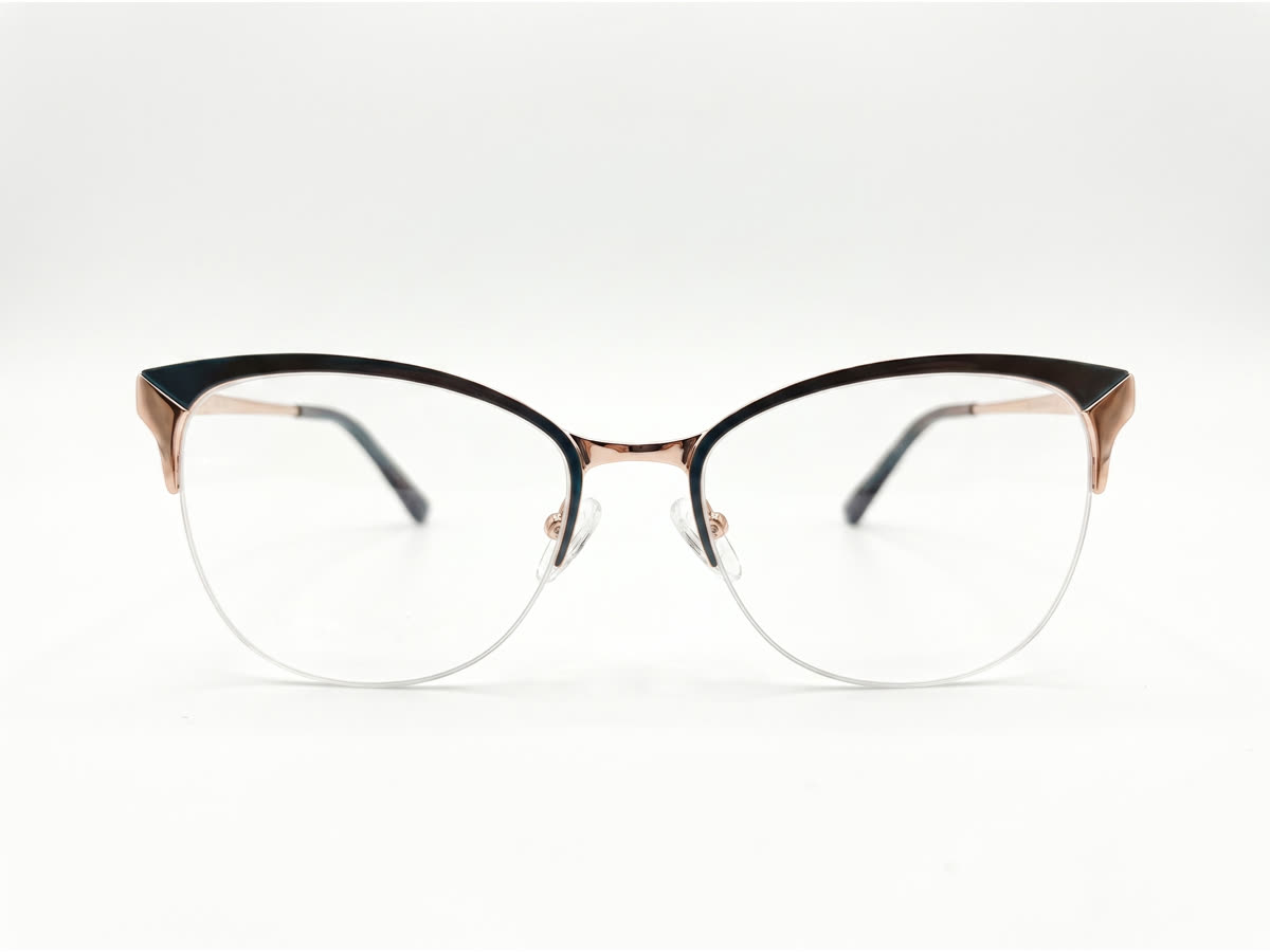 Women's Browline Cat-Eye Half-Rim Frame — Rose Gold + Teal Brown — Eyeglasses in Rose Gold + Teal Brown, Metal